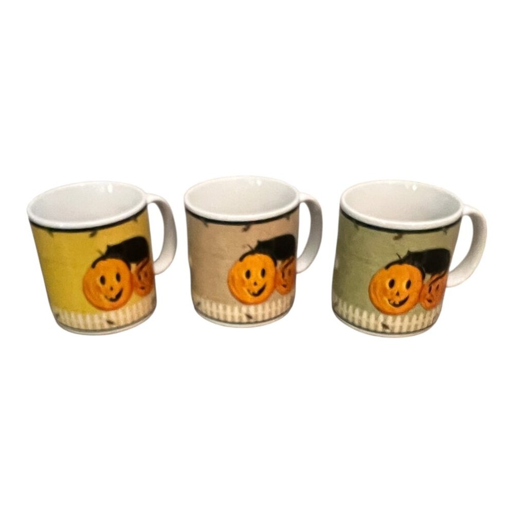 Vtg 2000 Warren Kimble Pumpkin Dreams Mugs Set Of 3 With Black Cat & Pumpkins